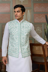 White kurta pajama green koti